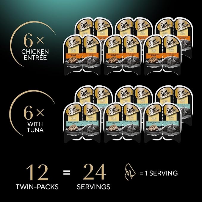 Sheba Perfect Portions Wet Cat Food Cuts in Gravy, Roasted Chicken Entree and with Sustainable Tuna, 2.6 oz. Twin-Pack Trays (12 Count, 24 Servings)