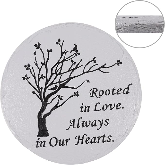 10 Inch Polyresin Memorial Garden Stone, Rooted in Love Stepping Stones Oudoor, Memorial Gifts for Loss of Loved One, Décor for Homes, Lawn and Garden (Grey Round Tree)