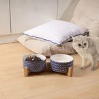 Selamica Ceramic 30 OZ Dog Bowls, Dog Food and Water Bowls with Wooden Stand, Anti-Slip Dog Dishes Set for Cats Small & Medium Sized Dogs, Weighted Pet Bowls Set of 2, Vintage Blue A