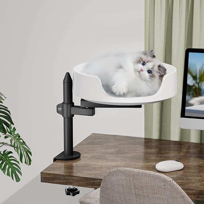Cat Bed for Desk Elevated Cat House Over Desk Keeps Kitten Cat Close and Workspace Clear Cat Box with Pet Cushions (45° Rotating Rod)