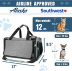 Cat Carrier Alaska Airline TSA Approved 17x11x9.5 Soft-Sided Small Pet Air Travel Carry Bag, Southwest Airplane Kitten 12lbs Crate in Cabin Under-Seat Traveling Cage Tiny Dog Under 8 Pound