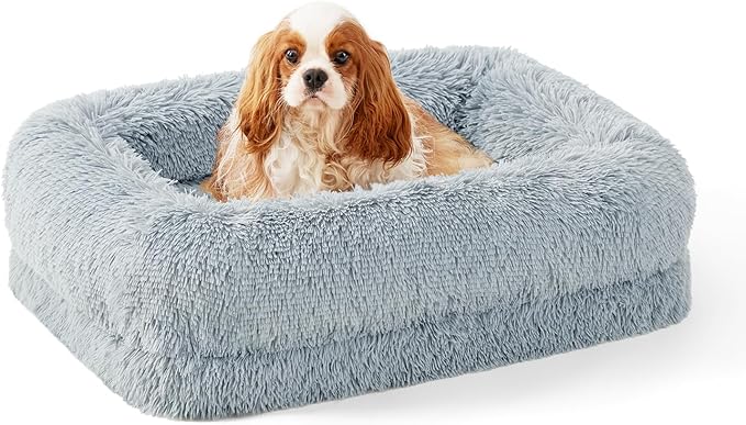 Orthopedic Dog Bed for Medium Size Dog - Fluffy Faux Fur Pet Sofa with Washable Removable Cover, Donut Waterproof Pet Bed with Supportive Egg Foam and Nonskid Bottom, Grey