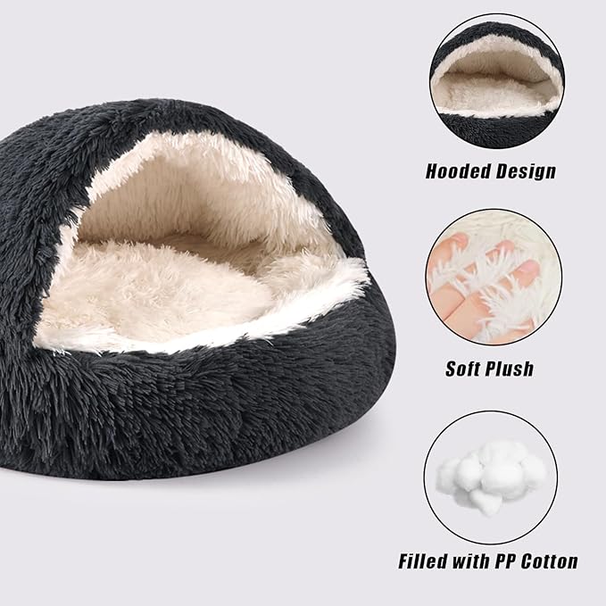Round Hooded Cat Bed & Dog Bed with Cover Cave, Dog Bed for Small Dogs, Faux Fur Cuddler Round Coved Cat Bed Self Warming Donut Dog Bed Fits up to 5 lbs Pets(Dark Grey, 16inch x 16inch)
