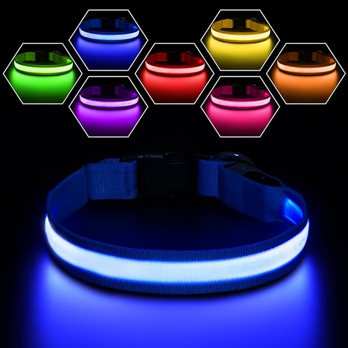 PcEoTllar Light Up Dog Collars, Rechargeable Led Dog Collar with Automatic 7-Color Changes, Water Resistant Lighted Dog Collar for Night Walking with High Visibility, Bright Glow Dog Collar(Blue, L)