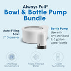 Always Full® 7" Pet Water Bowl and Bottle Pump Bundle, Self-Refilling, Clean Filtered Water, App-Enabled Hydration Monitoring, Easy Upgrade to Wall Unit, Cat and Dog Water Bowls