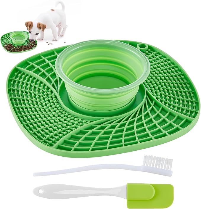 Lick Mat for Small Dogs and Cats with Suction Cups, Silicone Slow Feeder Lick Pad with Collapsible Bowl for Anxiety Relief, Pet Puzzle Treat Mat for Bathing Grooming Trimming (Green)