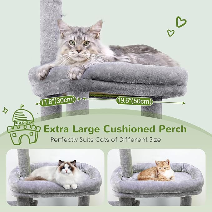 Globlazer Cat Tower for Indoor Adult Cats, 50-inch Heavy Duty Cat Tree for Big Cats, Cat Tree House with Extra-Large Padded Platform, Sisal Scratching Board, 2 Large Condos, F50, Light Grey