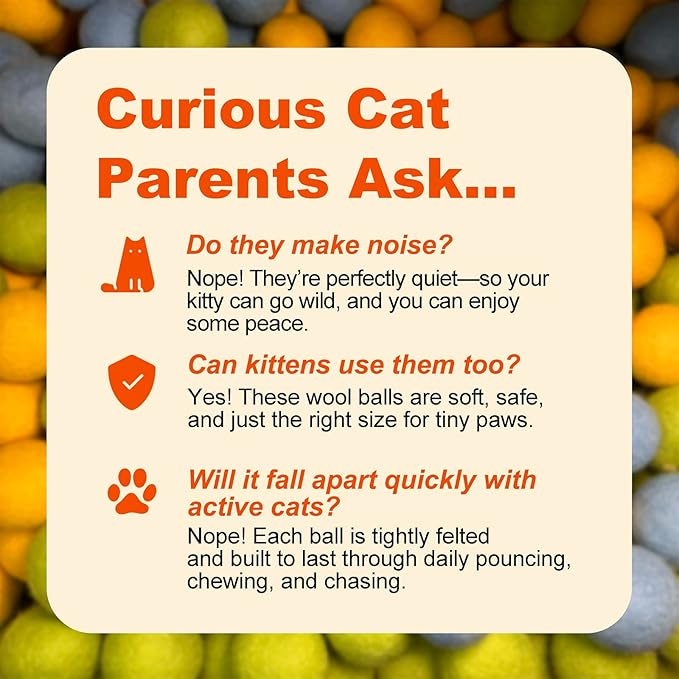 100% Wool Felt Cat Toy Balls – 6-Pack, 3 Colors – Natural, Durable & Safe Size for Kittens and Cats