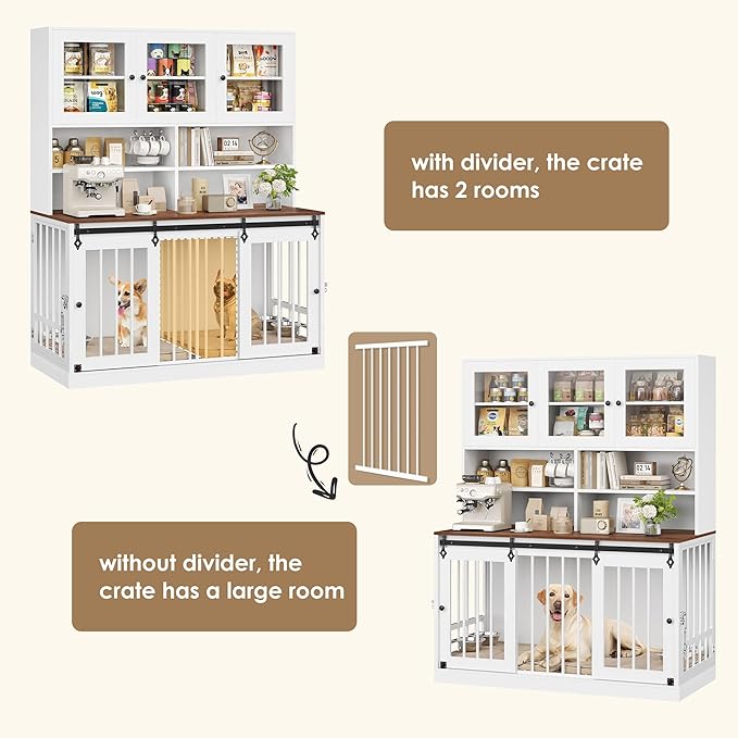 TTVIEW 71"H x 55"L Large Dog Crate Furniture with Hutch Shelf and Glass Door, Indoor Dog Kennel with Divider and Feeding Bowls for Large Dogs 2 Pets, Heavy Duty Dog Cage Pet House with 4 Doors, White