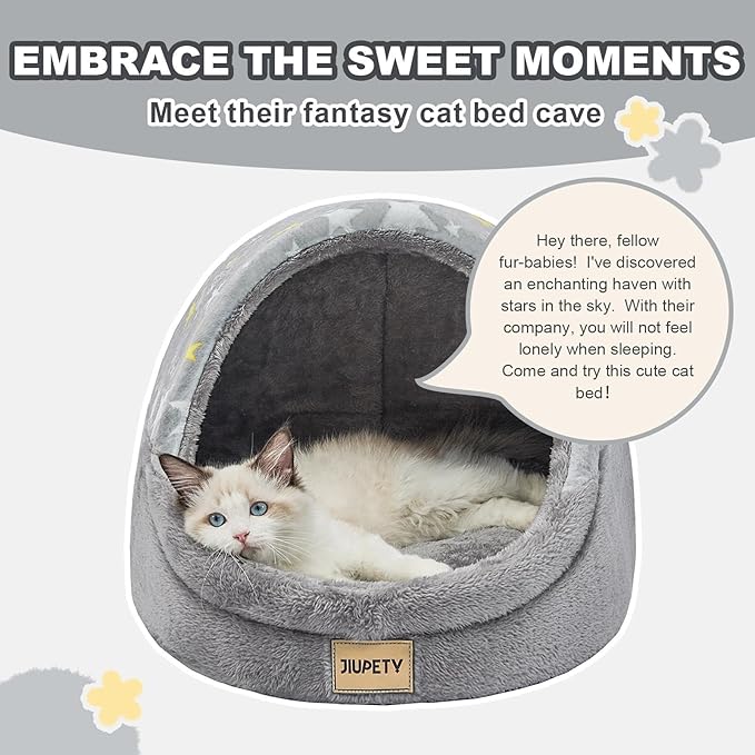 Jiupety Cat Beds for Indoor Cats, Cute Cat Cave Bed and Kitten Bed, Large Cat Cave and Covered Cat Bed with Anti-Slip Bottom, Washable Removable Cushion, M(16"x16"x13"), Gray Star.
