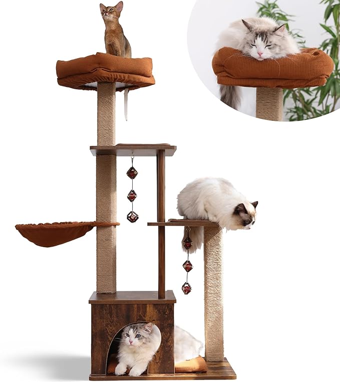 FUKUMARU Cat Tree, 4 in 1 Large Modern Cats Tower with Jute Scratching Post and Hammock, Wood Cat Condo with silvervine Balls, Brown Cat Climber Stand Playhouse for Indoor Cats, Retro Style