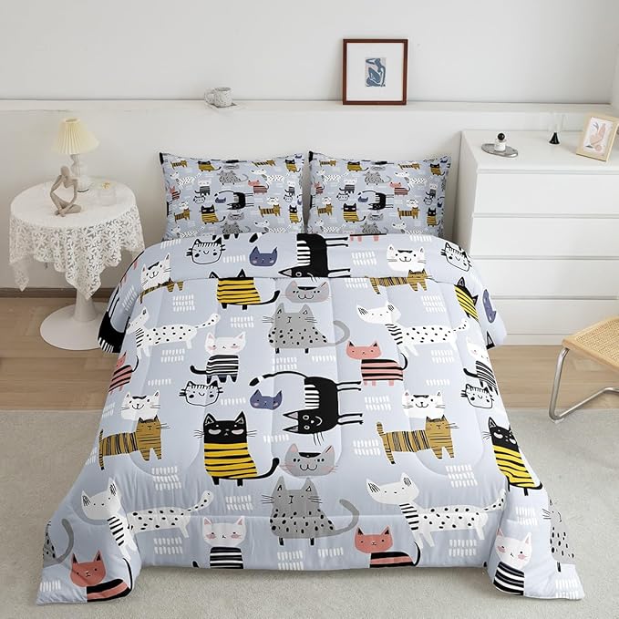 Erosebridal Kawaii Animal Comforter Twin Cute Cat Bedding for Girls Boys Kids, Black Polka Dots Bedding Sets & Collections, White Geometric Stripe Kitten Down Comforter, Funny Pet Bed Set Microfiber