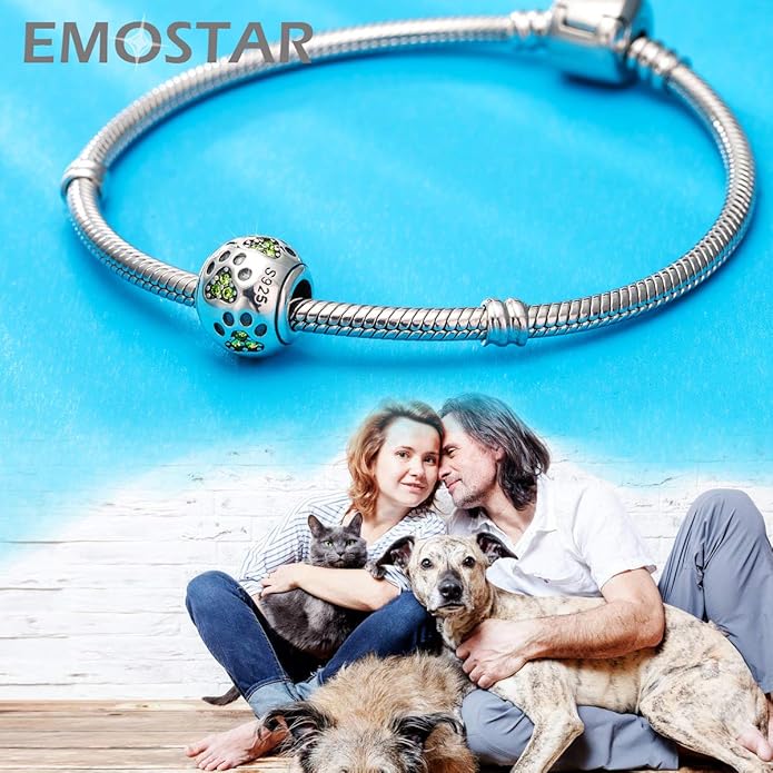 EMOSTAR Dog Paw Print Charms with Various Birthstone Crystals, 925 Sterling Silver Pawprint Beads for 3mm Snake Chain, Pet Lover Gifts for European Women Bracelet