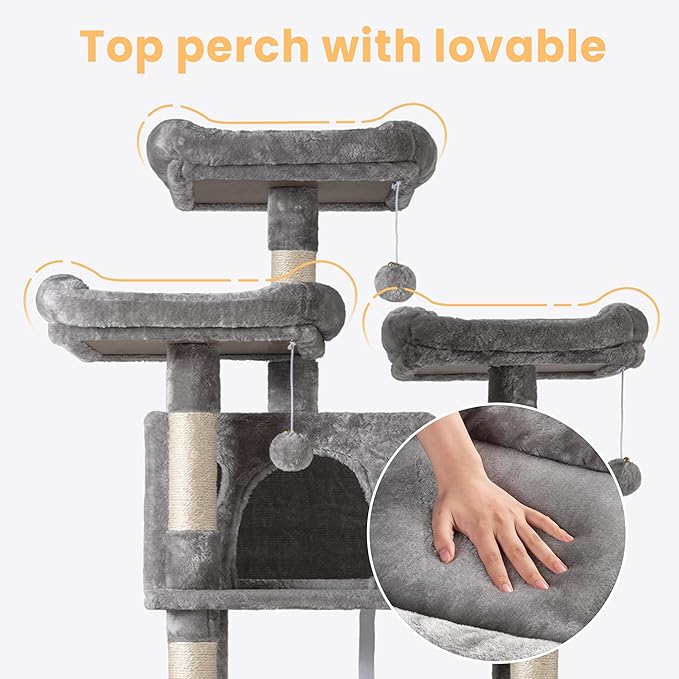 SHA CERLIN 68 Inches Multi-Level Large Cat Tree for Large Kitties/Big Cat Tower with Condo/Cozy Plush ‌Pussycat Perches/Sisal Scratching Posts and Hammocks/Activity Center/Grey