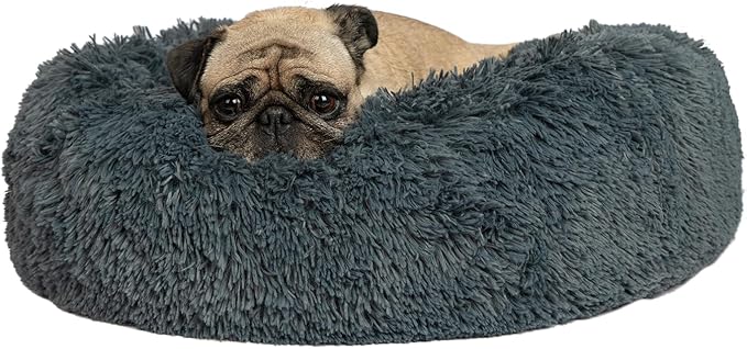 Best Pet Supplies Round Donut Dog Bed with Plush Faux Fur Fabric, Calming, Anti-Anxiety Cushion for Indoor Pets, Slip-Resistant Base, Soft Ergonomic Support - Gray, 30x30x8''