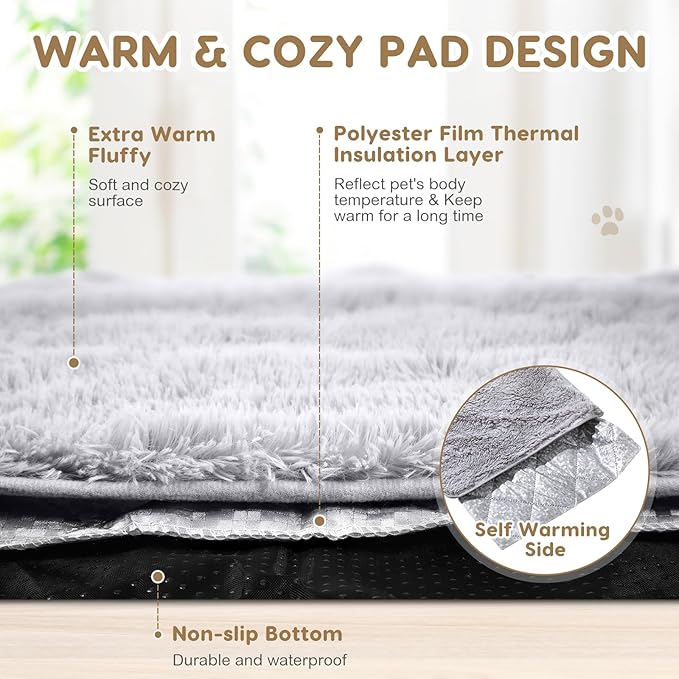 4 Pack Self Warming Cat Bed Pad Self Heating Cat Dog Mat with Fluffy Faux Fur Plush Cat Calming Bed Thermal Cat Mat Washable Pet Pad Anti Slip Bottom for Outdoor Indoor Pets(Gray,16" X 20")