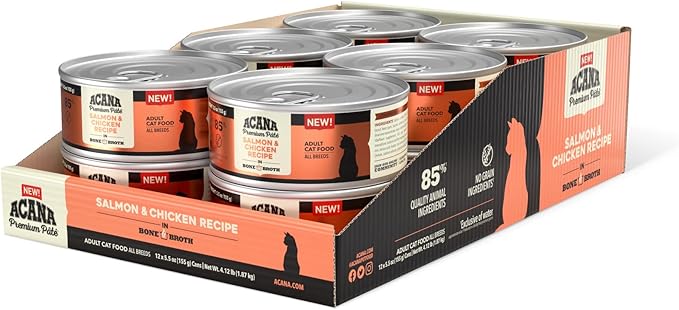 ACANA Premium Pate Wet Cat Food in Bone Broth Salmon + Chicken Recipe 5.5oz Cans (12 count)