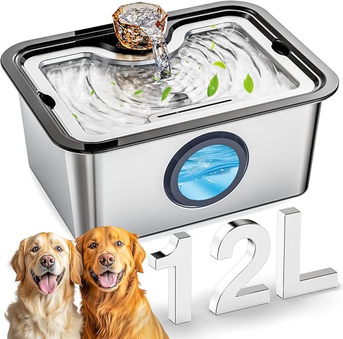 Dog Water Fountain for Large Dogs Stainless Steel 3 Gallon 12L Extra Big Pet Water Bowl Dispenser,Cat Drinking Fountains with Filters for Small Medium Large Dogs and Multi-Pet,Ultra-Quiet Pump
