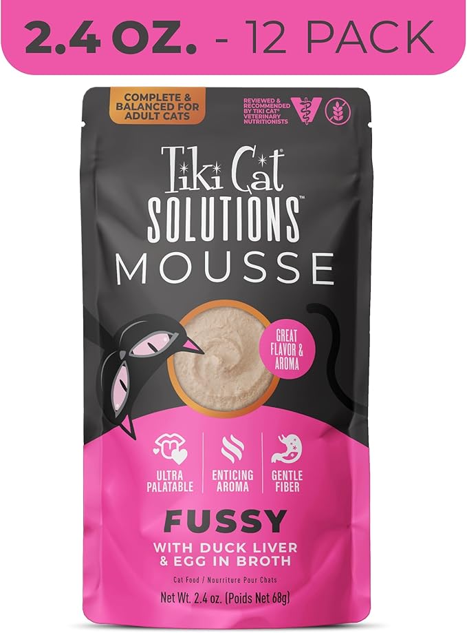 Tiki Cat Solutions Mousse Multipack Wet Cat Food, Fussy, Duck Liver & Egg, 2.4 oz. Pouch (12 Count)