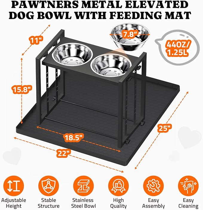 Elevated Dog Bowls for Medium Breed: 4 Height Adjustable Raised Dog Bowl with Metal Stand, Feeder Station with 2 Stainless Steel Bowls, Black with Feeding Mat