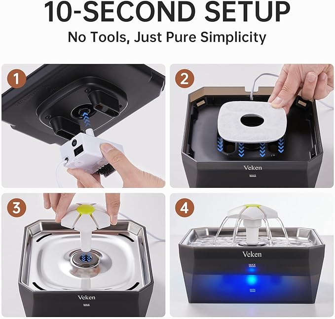 Veken Small Pet-Friendly Cat Water Fountain with Stainless Steel Lid & Quiet Pump, Easy to Clean & Assemble, 50oz Mini Pet Water Dispenser with 4 Replacement Filters & 4 Pre-Filter Sponges, Silver