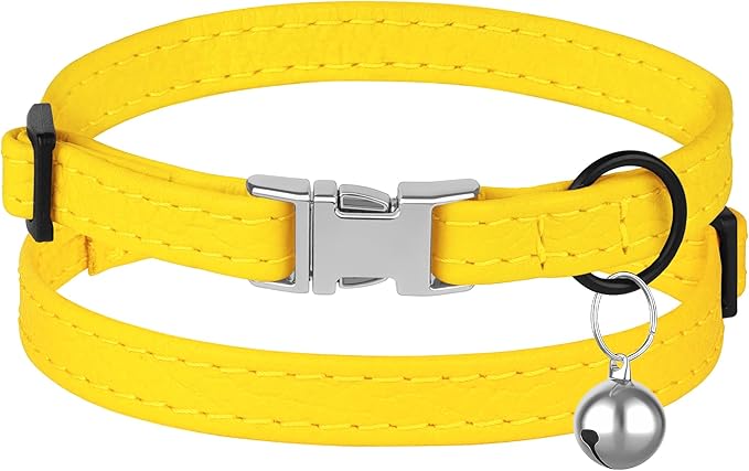 Leather Cat Collar with Buckle and Removable Bell - Non Breakaway Adjustable Soft Safety Small Pet Collars for Girl Boy Cats Kitten (Yellow)