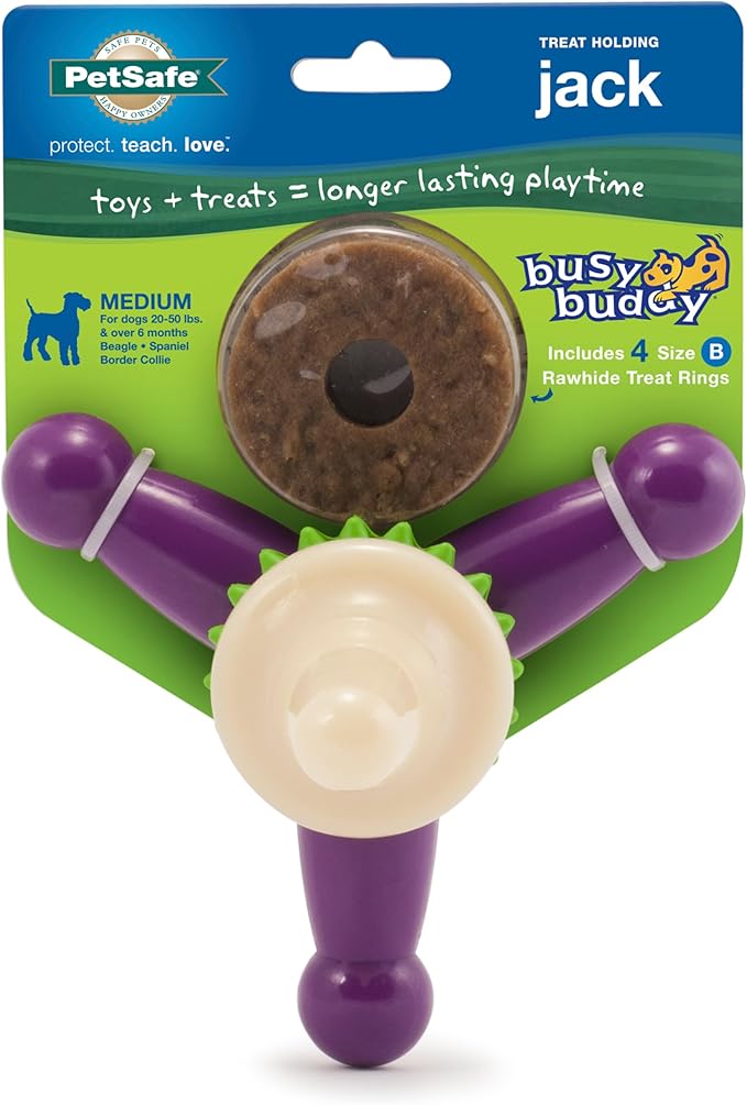 PetSafe Busy Buddy Jack - Keeps Dog Busy - Includes Treats Refill - Treat Holding Dog Toy - Helps Clean Teeth - Durable Rubber - Strong Chewers - Dishwasher Safe - Medium - Purple