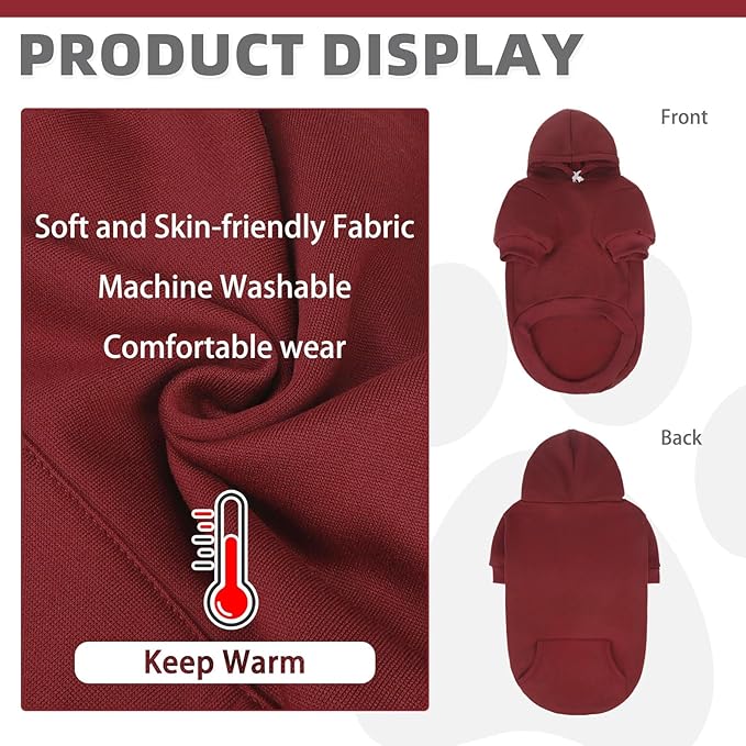 KOOLTAIL Basic Dog Hoodie - Soft and Warm Dog Hoodie Sweater with Leash Hole and Pocket, Dog Winter Coat, Cold Weather Clothes Sweatshirt for Small Medium Large Dogs Puppy Cat Boys Girls Deep Red S