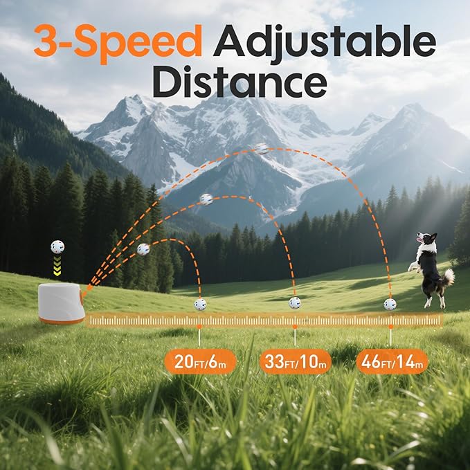 Automatic Ball Launcher for Dogs - Dog Ball Thrower Launcher with 3 Etpu Sphere, 3 Adjustable Distances (20ft/33ft/46ft), Interactive Thrower Machine, Mental Stimulation Dog Toys