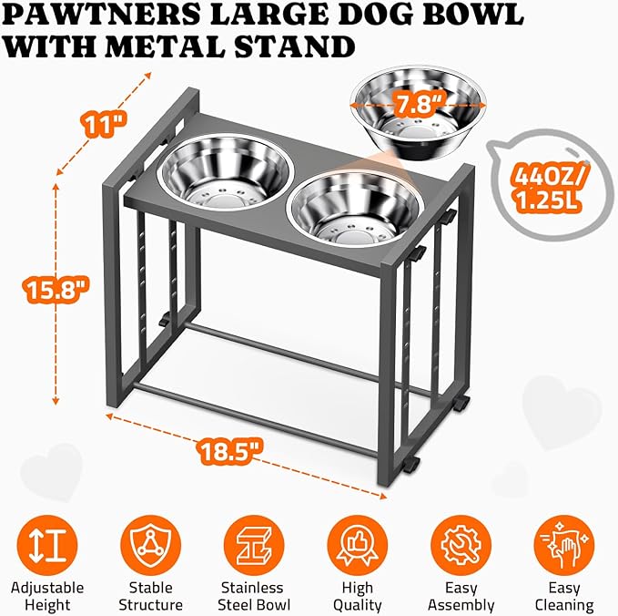 Elevated Dog Bowls for Medium Breed: 4 Height Adjustable Raised Dog Bowl Feeder Station with 2 Stainless Steel Bowls, Grey