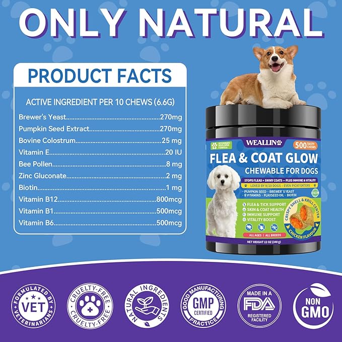 Flea and Tick Prevention for Dogs, Dog Flea Treatment with Skin & Coat Support 500 Crunchy & Krill Chews Dog Flea and Tick Treatment Chewable for Immunity & Energy for All Breeds & Ages Chicken Flavor