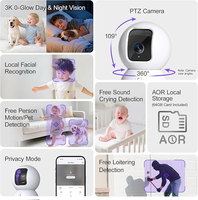 5G Security Camera Indoor, 3K Pet/Dog Camera with Speaker/Phone App, PTZ WiFi Baby Monitor Cameras for Home Security, 0-Glow Night Vision 2-Way Talk, AI Tracking Facial Recognition Time Lapse