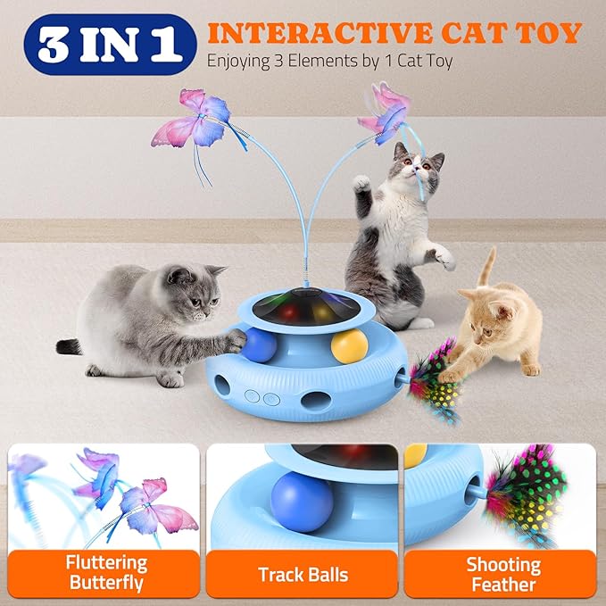 Interactive Cat Toy 3 in 1 Automatic Cat Toy for Indoor Cats, Electric Kitten Toy with Rechargeable Battery, Self Play Kitty Toys with Rotating Fluttering Butterfly,Track Ball and Ambush Feather,Blue
