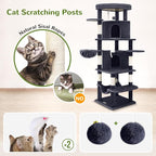 Globlazer Corner Cat Tree for Large Cats, 66inch Tall Curved Series Large Cat Tower for Multiple Indoor Cats with 6 Scratching Posts, 2 Spacious Cat Condos, Hammock, Hanging Basket, C66, Dark Grey