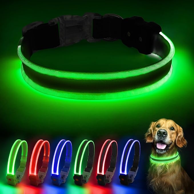 PcEoTllar Light up Dog Collars Rechargeable, LED Dog Collar Night Walking, Waterproof Flashing Glow in The Dark Dog Collars, Adjustable Dog Lights for Large Small Medium Dogs Green-L