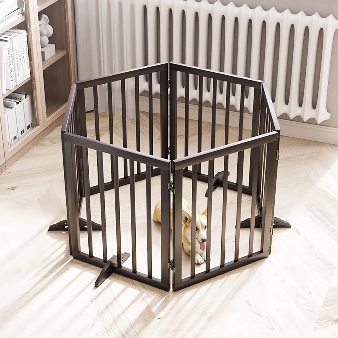 Semiocthome Wooden Freestanding Dog Gates for The House Extra Wide, 6-Panel Pet Gates for Puppy/Doggy with 4PCS Support Feet, Foldable 24“(H) Dog Fences Indoor, Expands Up to 9(ft) /113" (W)- Brown