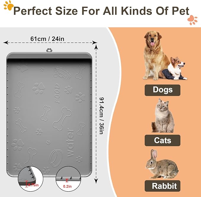Dog Food Mat - Silicone Dog Mat for Food and Water - 36" x 24" Large Pet Feeding Mats with Residue Collection Pocket - Waterproof Dog Cat Bowl Mat with High Edges to Prevent Water Food Spills (Gray)
