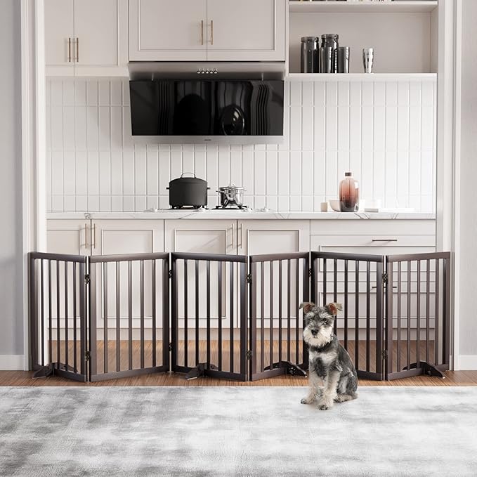 Semiocthome Wooden Freestanding Dog Gates for The House Extra Wide, 6-Panel Pet Gates for Puppy/Doggy with 4PCS Support Feet, Foldable 24“(H) Dog Fences Indoor, Expands Up to 9(ft) /113" (W)- Brown