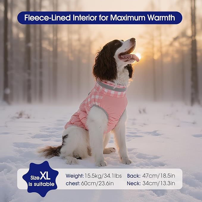 FUAMEY Dog Coat for Medium Dogs,Waterproof Dog Winter Jacket with Harness Built in Puppy Cold Weather Coats Reflective Pet Vest with Zipper Warm Fleece Dogs Snowsuit Windproof Pink Plaid M