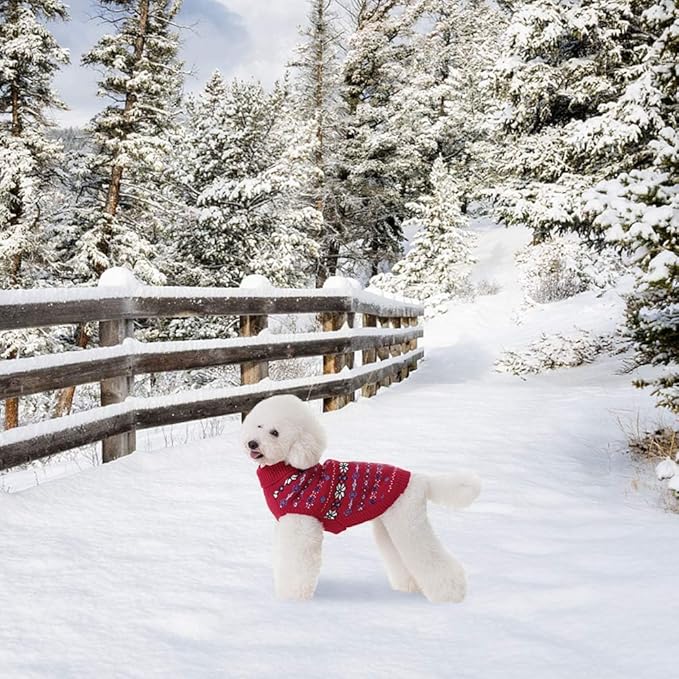 BINGPET Dog Sweaters for Small Dogs,Winter Dog Sweater Warm Clothes Boys Girls with Leash Hole,Classic Snowflake Doggy Knitwear Clothes,Ideal Gift for Pet in New Year(Red, Small)