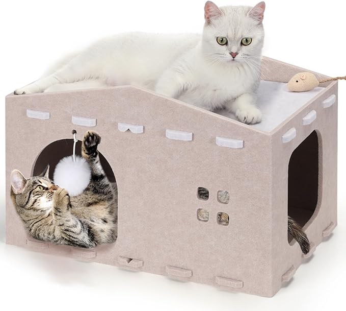 Cat House for Indoor Cat, Cozy Cat Bed Scratch Resistant Peekaboo Cat Cave Foldable Cat Tunnel for Multiple Large Cats Up to 33 Lbs Felt Cat Hideaway for Kitty with Fluffy Ball and Catnip Toy, Camel
