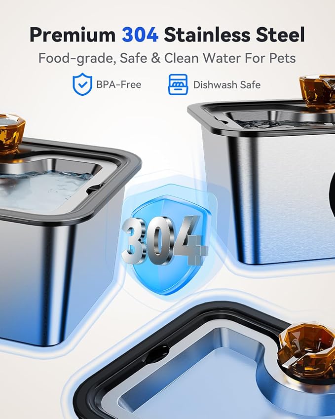 Dog Water Fountain for Large Dogs, 12L Stainless Steel 304 Pet Water Fountain, Cat Drinking Dispenser, Size:13.5 * 10.6 * 7inches, Smart Quiet Pump and Easy to Clean