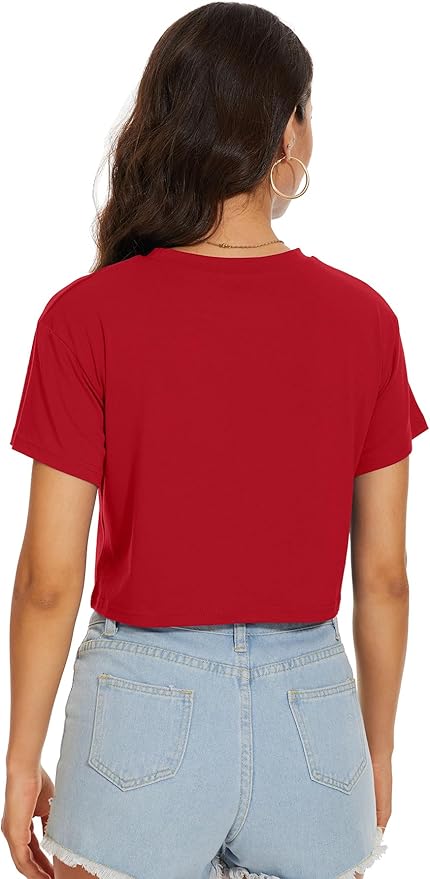 Womens Summer Crop Tops Short Sleeve Round Neck T-Shirts Loose Fit Casual Blouse