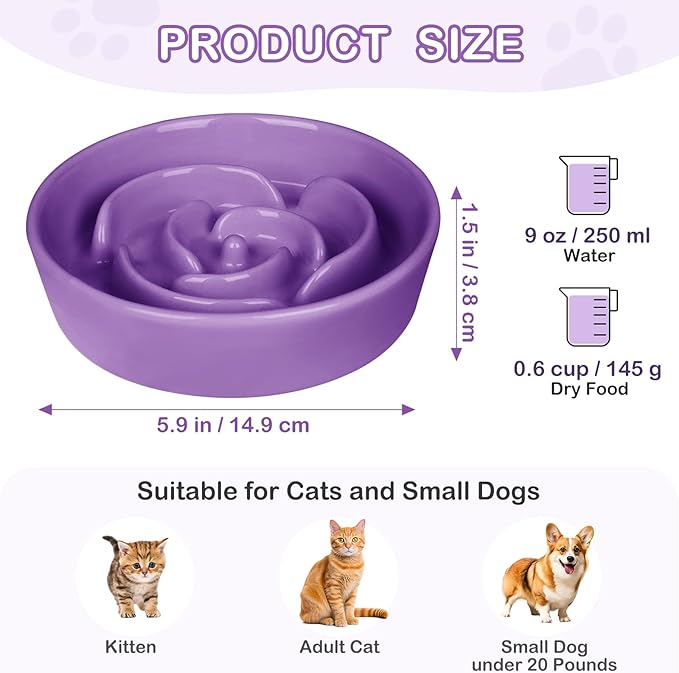 TRUVIC Ceramic Slow Feeder Dog Bowls Small Breed, 0.6 Cup Slow Feeder Cat Bowls for Fast Eaters, Ceramic Dog Food Dish no Black Chin, Puzzle Bowl for Small Dogs and Cats, Purple