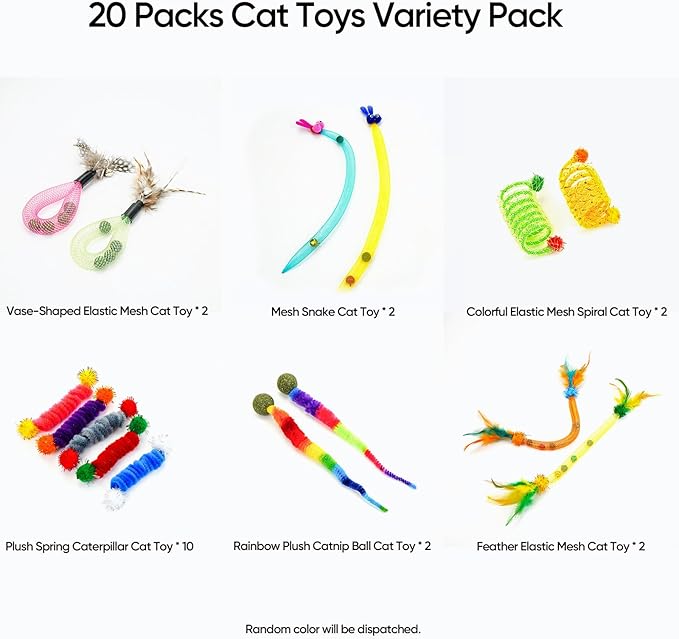 20PCS Interactive Cat Toys for Indoor Cats, Feather Elastic Mesh Cat Toy, Catnip Ball, Colorful Cat Spring, Kitty Rainbow Plush, Teething & Self-Play Kitten Accessories Variety Pack