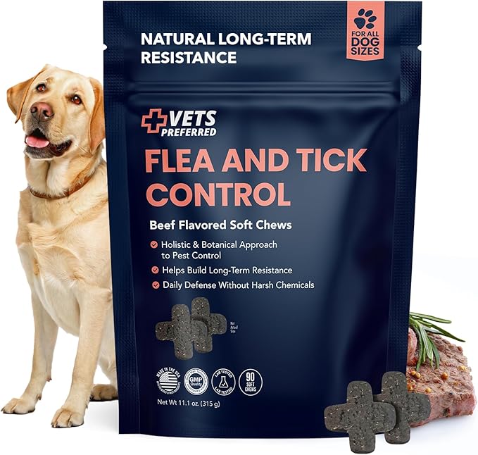 Vets Preferred Flea and Tick Prevention for Dogs Chewable - Daily Defense Without Harsh Chemicals - Immune Support & Antioxidant Protection - Beef Flavored - 90 Soft Chews