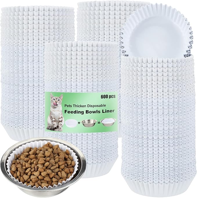 meekoo 600 Pcs Large Pet Disposable Feeding Bowls Liner Bulk Cat Food Bowls Small Paper Dish Paper Liner for Small Dogs Cats Dish Wet Food Feeding Station(White,Classic)