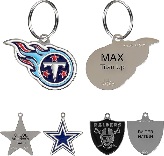 NFL Tennessee Titans Engraving Pet ID Tag in 32 Team Logo Shapes - Personalized Dog and Cat Tags With 3 Lines of Customizable Text for Tracking & Safety - Stainless Steel