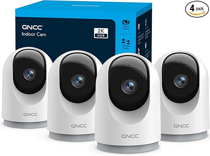 GNCC 2K Cameras for Home Security-Indoor Pan/Tilt Cameras for Baby Monitor/Pet Camera with Phone App, Night Vision, Motion Detection, 2-Way Audio, 24/7 SD Recordings, 2.4Ghz WiFi (4Pack)