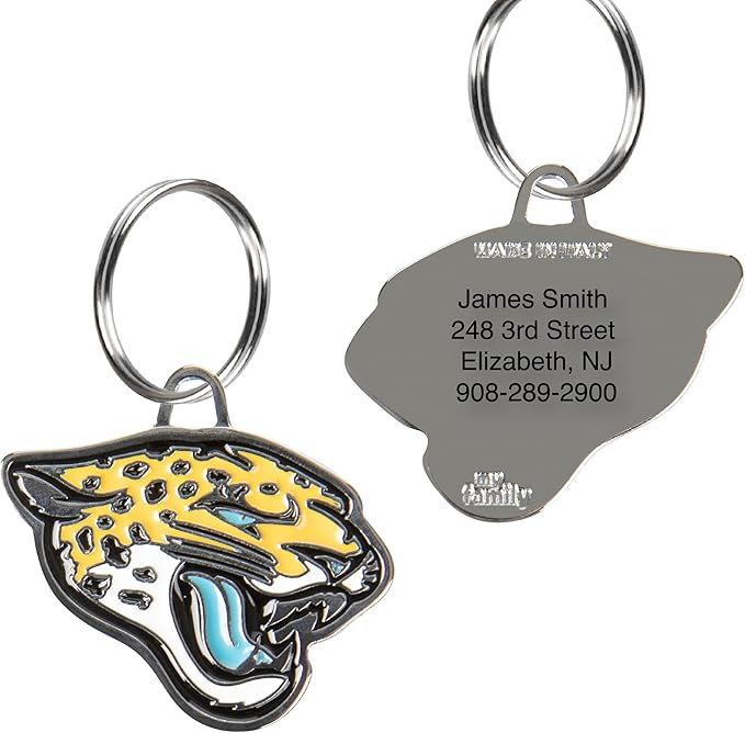NFL Jacksonville Jaguars Engraving Pet ID Tags in 32 Team Logo Shapes Personalized Dog Tags and Cat Tags with 3 Lines of Customizable Text for Tracking & Safety. Stainless Steel Pet ID Tracking Tags